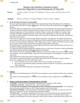 Meeting of the Aberffraw Community Council Held at the Village Hall, at 7 Pm Wednesday the 15Th May 2019