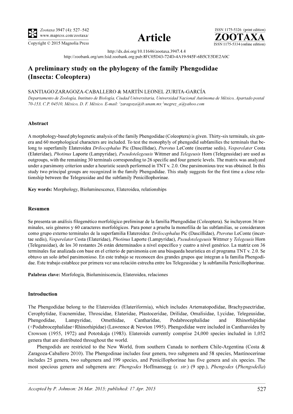 A Preliminary Study on the Phylogeny of the Family Phengodidae (Insecta: Coleoptera)