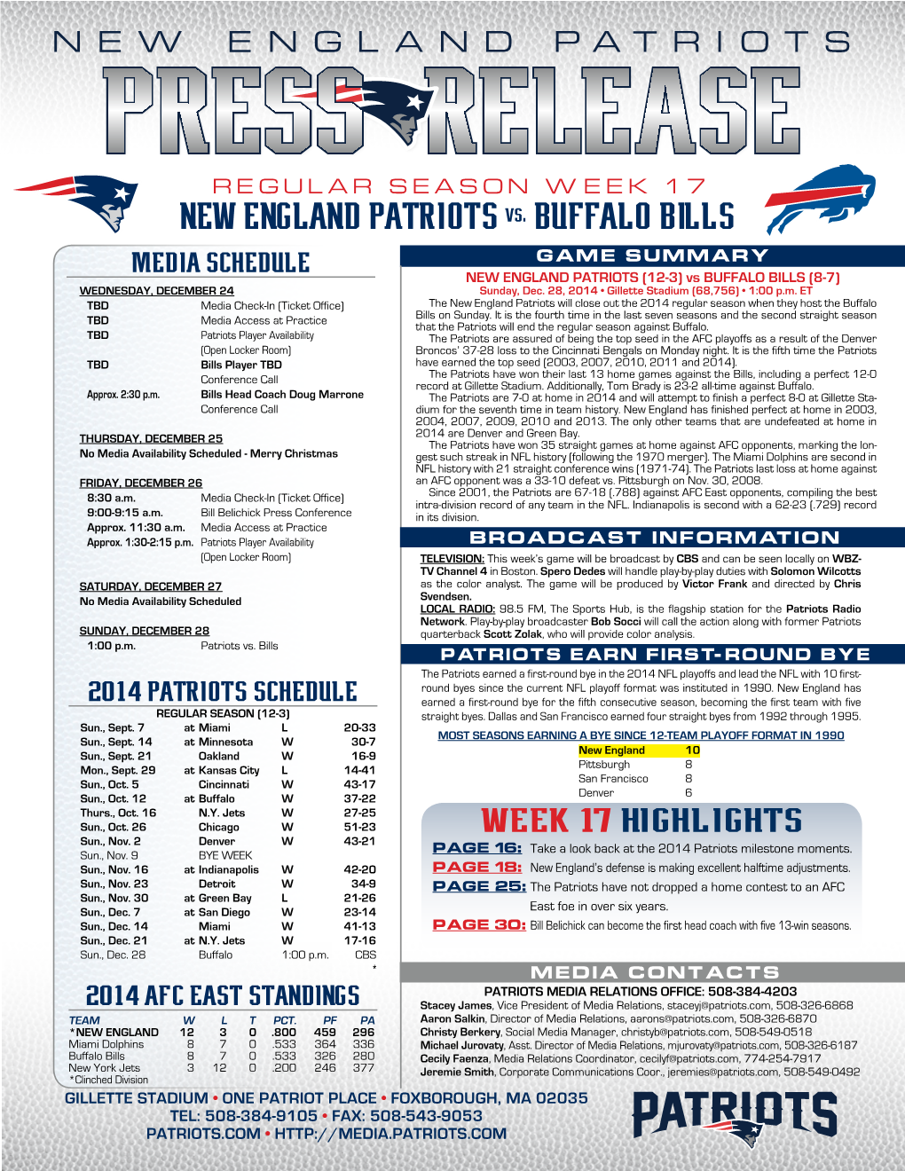 NEW ENGLAND Patriots Vs. Buffalo Bills Media Schedule GAME SUMMARY NEW ENGLAND PATRIOTS (12-3) Vs BUFFALO BILLS (8-7) WEDNESDAY, DECEMBER 24 Sunday, Dec