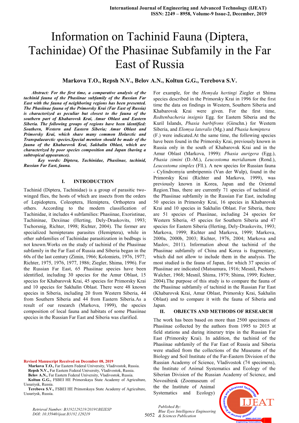 Information on Tachinid Fauna (Diptera, Tachinidae) of the Phasiinae Subfamily in the Far East of Russia