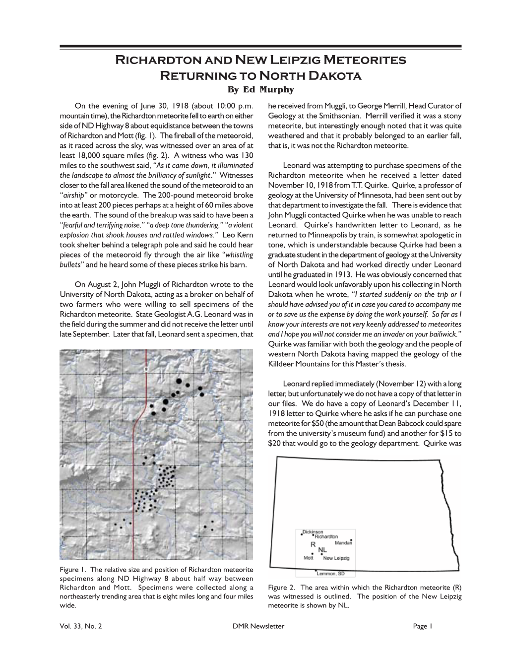 Richardton and New Leipzig Meteorites Returning to North Dakota by Ed Murphy on the Evening of June 30, 1918 (About 10:00 P.M