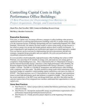 Controlling Capital Costs in High Performance Office Buildings: 15 Best Practices for Overcoming Cost Barriers in Project Acquisition, Design, and Construction