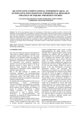 Quantitative Computational Experiment (Qce): an Alternative Post-Positivist Experimental Research Strategy of Inquiry for Design Studies
