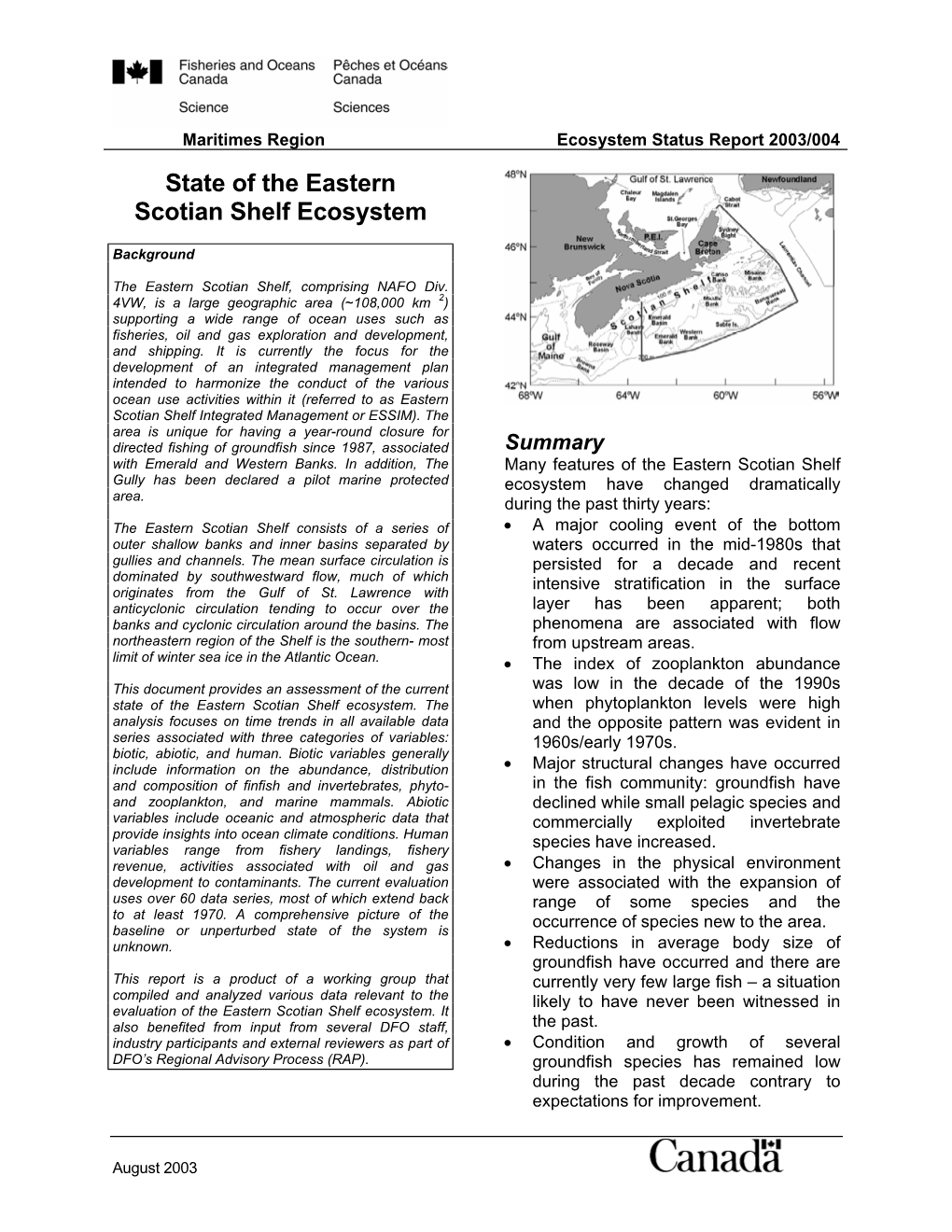 State of the Eastern Scotian Shelf Ecosystem