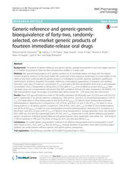 Generic-Reference and Generic-Generic Bioequivalence of Forty-Two, Randomly-Selected, On-Market Generic Products of Fourteen
