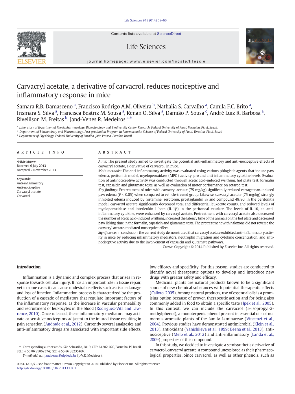 Carvacryl Acetate, a Derivative of Carvacrol, Reduces Nociceptive and Inﬂammatory Response in Mice