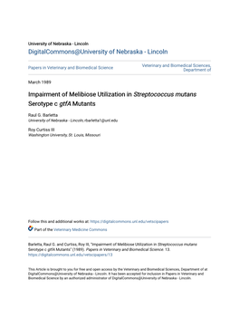 Impairment of Melibiose Utilization in Streptococcus Mutans Serotype C Gtfa Mutants