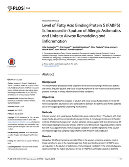 Level of Fatty Acid Binding Protein 5 (FABP5) Is Increased in Sputum of Allergic Asthmatics and Links to Airway Remodeling and Inflammation