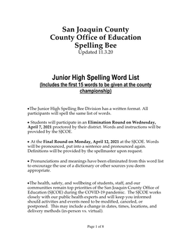 Junior High Spelling Word List (Includes the First 15 Words to Be Given at the County Championship)