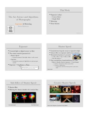 The Art, Science and Algorithms of Photography This Week Exposure Shutter Speed Side-Effect of Shutter Speed Creative Shutter Sp