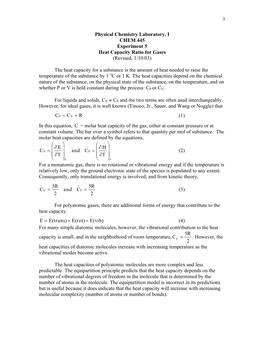Physical Chemistry Laboratory, I CHEM 445 Experiment 5 Heat Capacity Ratio for Gases (Revised, 1/10/03)