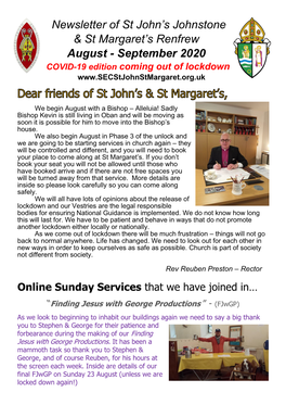 Newsletter of St John's Johnstone & St Margaret's Renfrew August