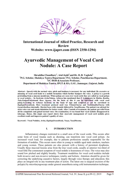 Ayurvedic Management of Vocal Cord Nodule: a Case Report