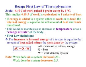 Recap: First Law of Thermodynamics Joule: 4.19 J of Work Raised 1 Gram Water by 1 ºC