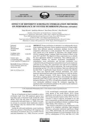 EFFECT of DIFFERENT SUBSTRATE STERILIZATION METHODS on PERFORMANCE of OYSTER MUSHROOM (Pleurotus Ostreatus)