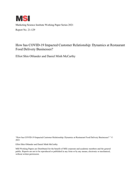 How Has COVID-19 Impacted Customer Relationship: Dynamics at Restaurant Food Delivery Businesses?