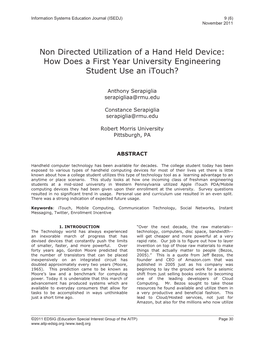 Non Directed Utilization of a Hand Held Device: How Does a First Year University Engineering Student Use an Itouch?