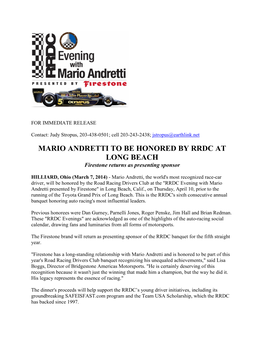 MARIO ANDRETTI to BE HONORED by RRDC at LONG BEACH Firestone Returns As Presenting Sponsor