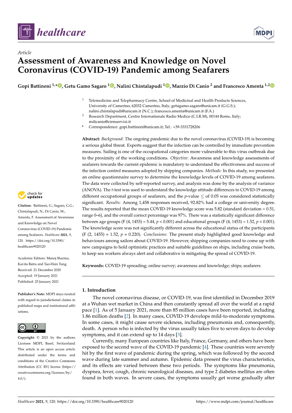 Assessment of Awareness and Knowledge on Novel Coronavirus (COVID-19) Pandemic Among Seafarers