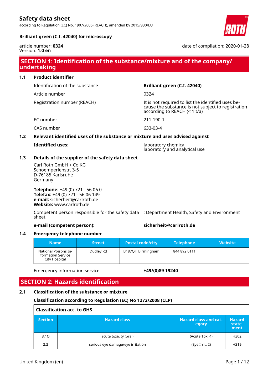 Safety Data Sheet: Brilliant Green (C.I. 42040)