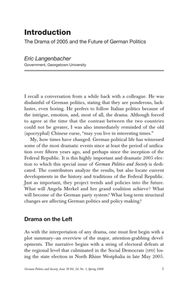 Introduction the Drama of 2005 and the Future of German Politics