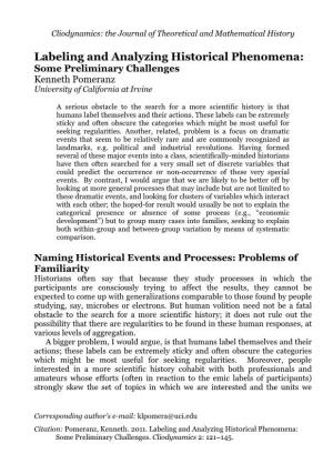 Labeling and Analyzing Historical Phenomena: Some Preliminary Challenges Kenneth Pomeranz University of California at Irvine
