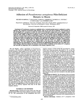 Adhesion of Pseudomonas Aeruginosa Pilin-Deficient Mutants to Mucin REUBEN RAMPHAL,1* LILIA KOO,' KARYN S