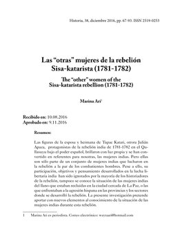 Mujeres De La Rebelión Sisa-Katarista (1781-1782) the “Other” Women of the Sisa-Katarista Rebellion (1781-1782)