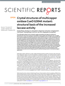 Crystal Structures of Multicopper Oxidase Cueo G304K Mutant