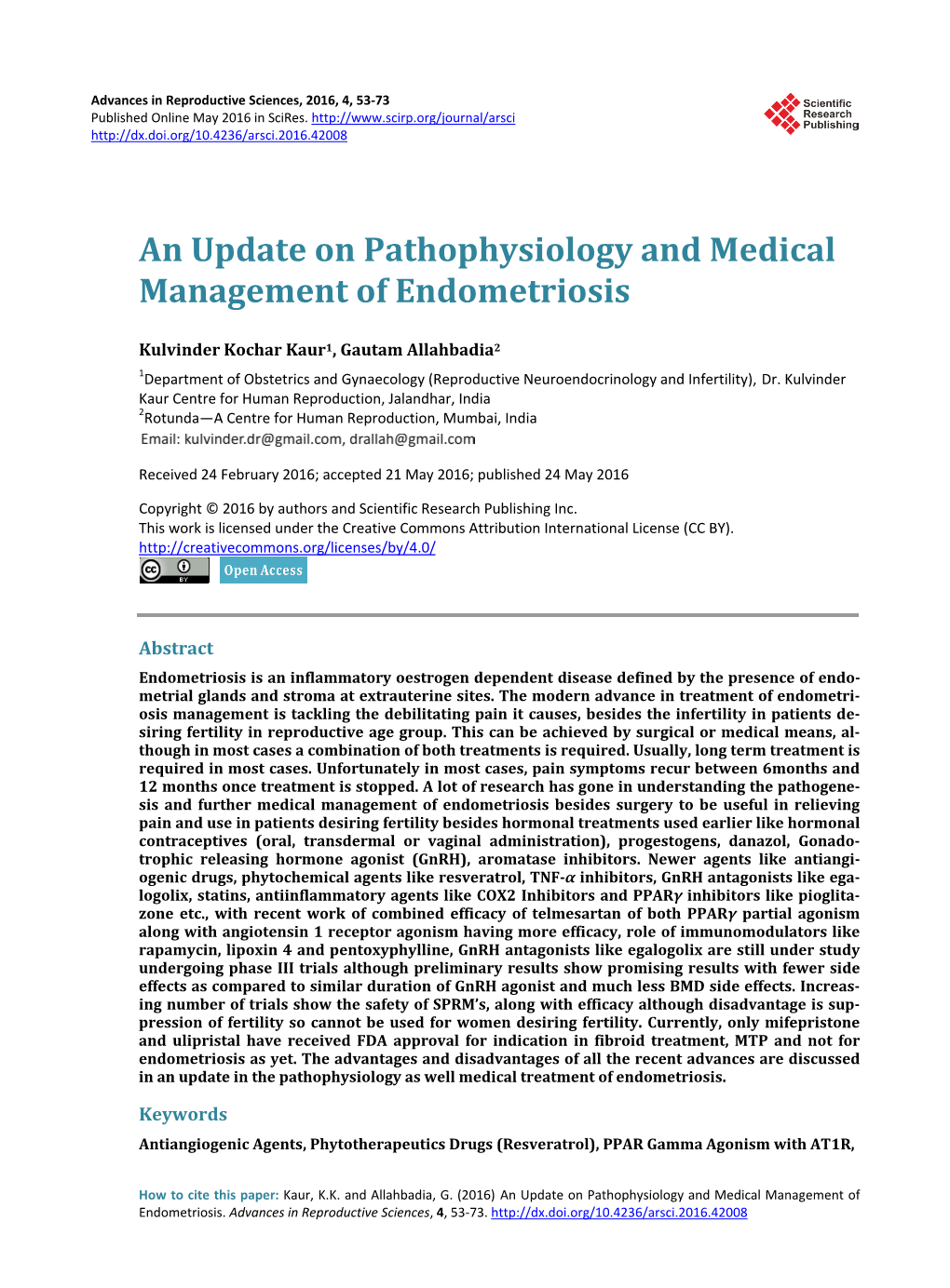 An Update on Pathophysiology and Medical Management of Endometriosis