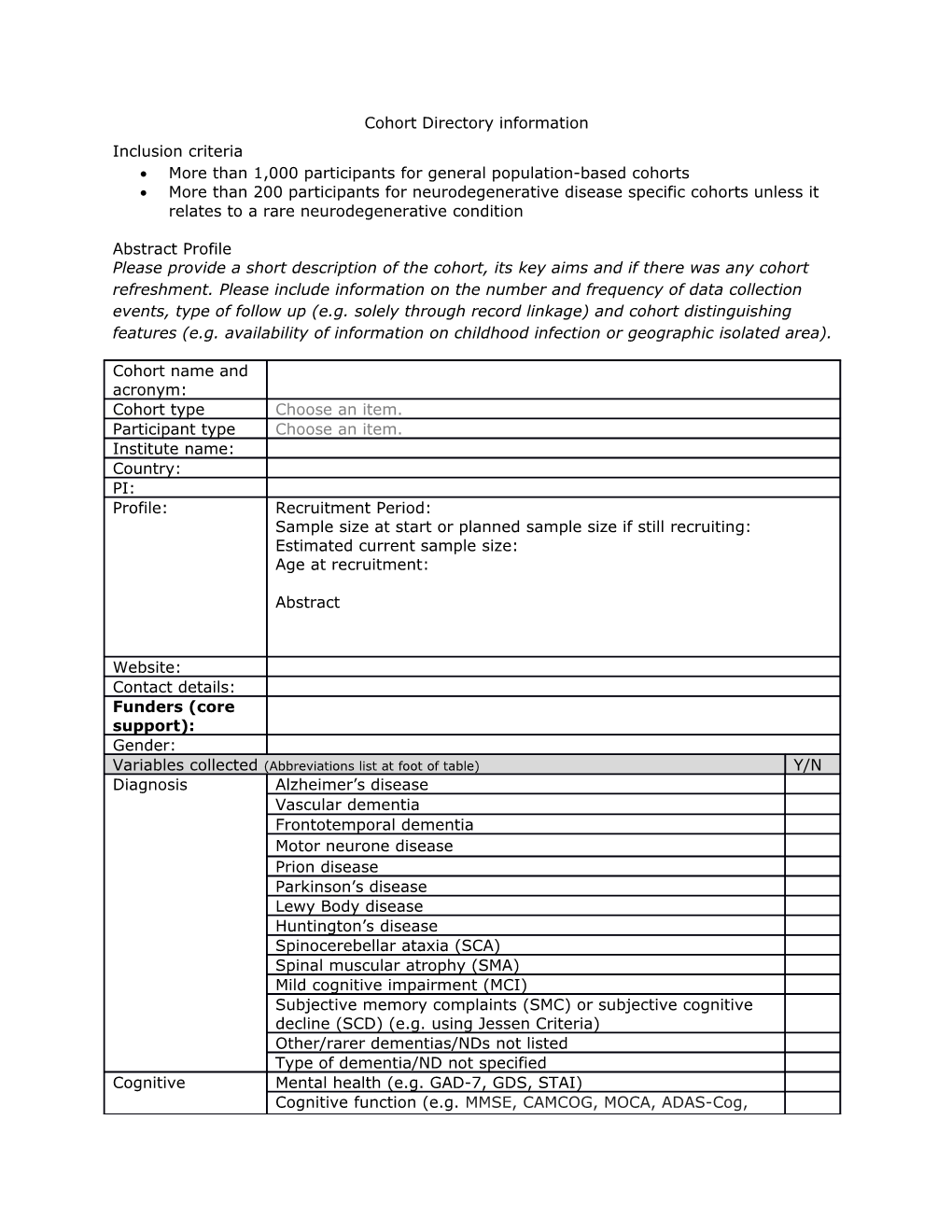 Cohort Directory Information