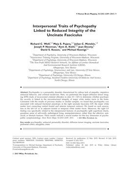 Interpersonal Traits of Psychopathy Linked to Reduced Integrity of the Uncinate Fasciculus