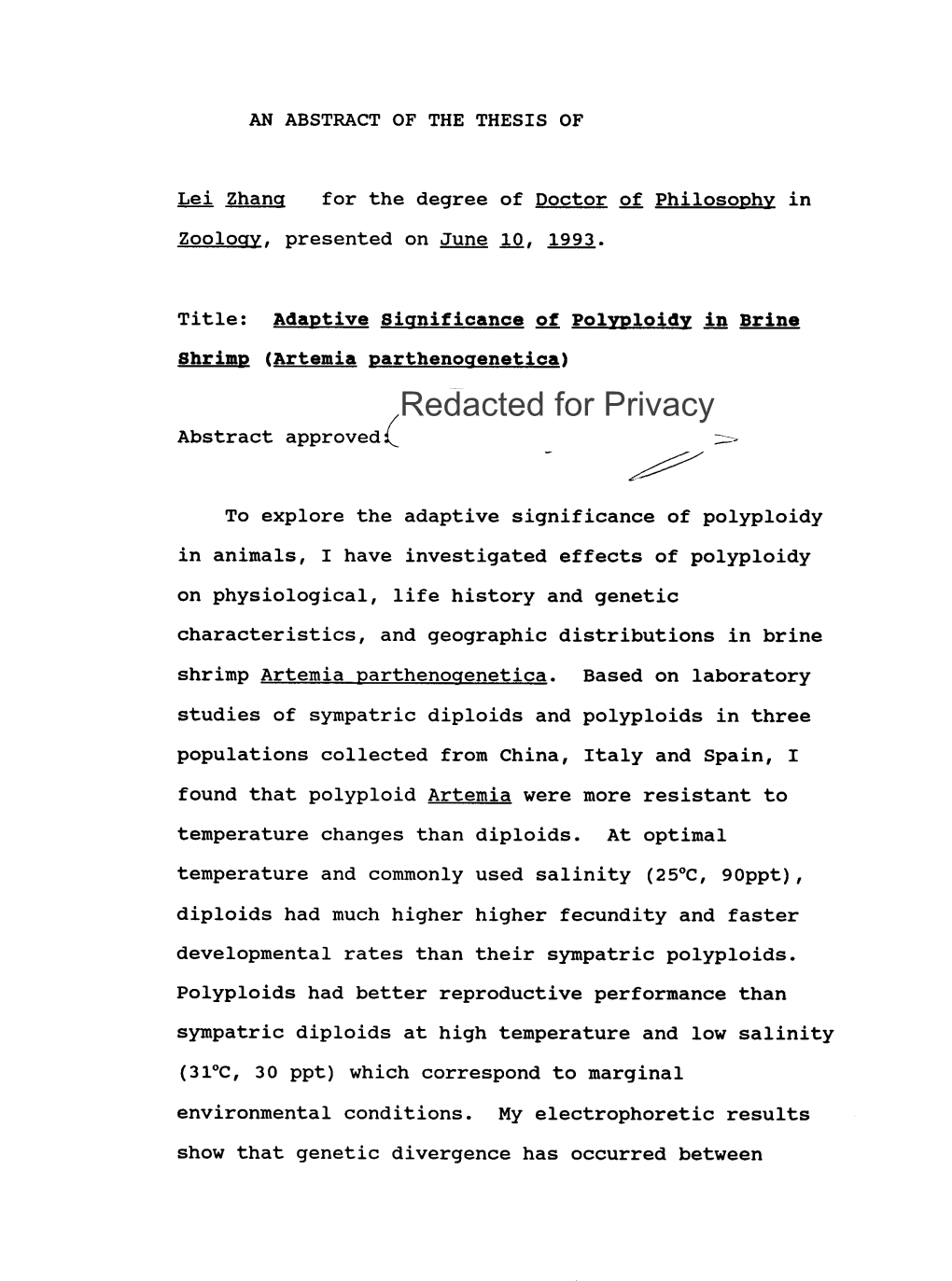 Adaptive Significance of Polyploidy in Brine Shrimp (Artemia Parthenogenetica) Redacted for Privacy Abstract Approved