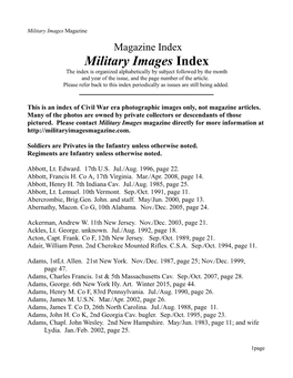 Military Images Index the Index Is Organized Alphabetically by Subject Followed by the Month and Year of the Issue, and the Page Number of the Article
