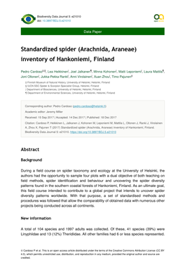 Arachnida, Araneae) Inventory of Hankoniemi, Finland