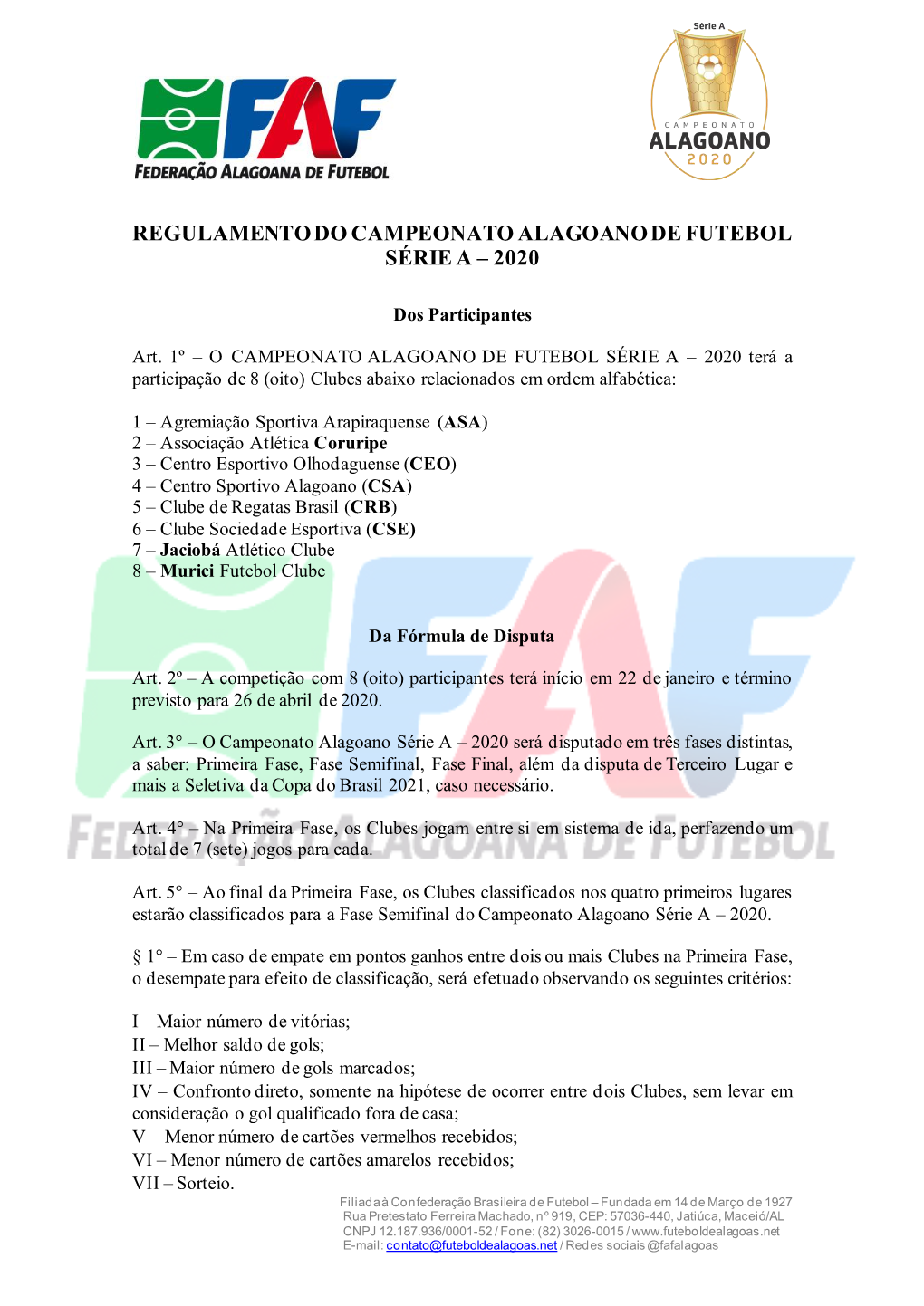 Regulamento Do Campeonato Alagoano De Futebol Série a – 2020