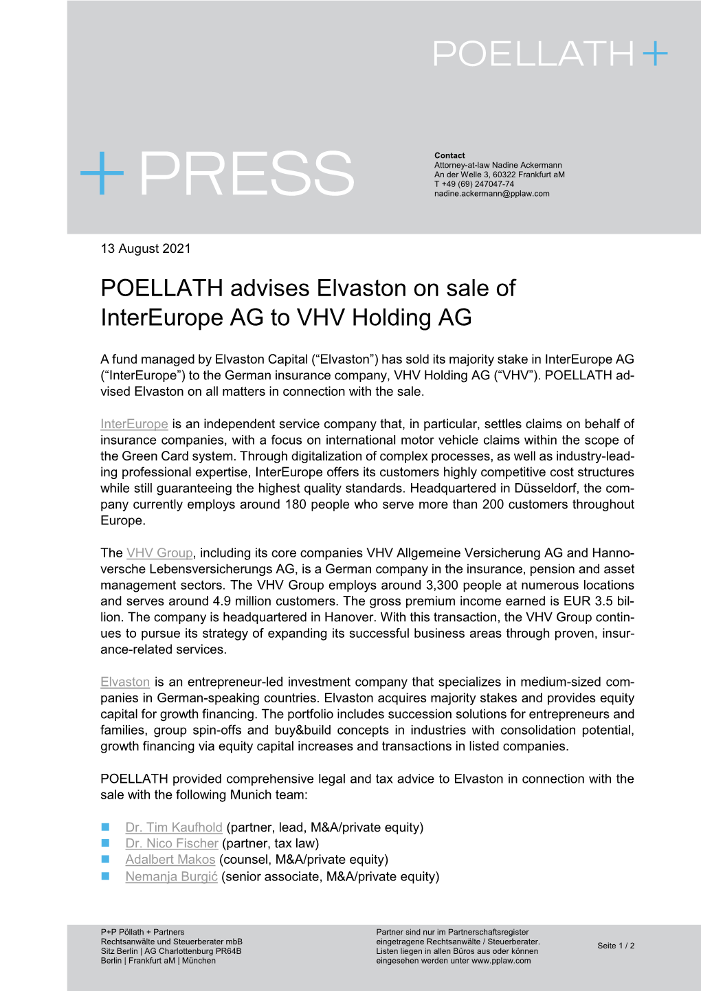 POELLATH Advises Elvaston on Sale of Intereurope AG to VHV Holding AG