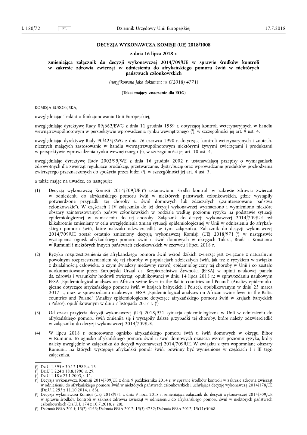 Decyzja Wykonawcza Komisji (Ue) 2018/ 1008