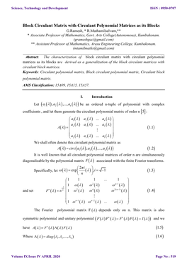 Block Circulant Matrix with Circulant Polynomial Matrices As Its Blocks G.Ramesh, * R.Muthamilselvam,** * Associate Professor of Mathematics, Govt