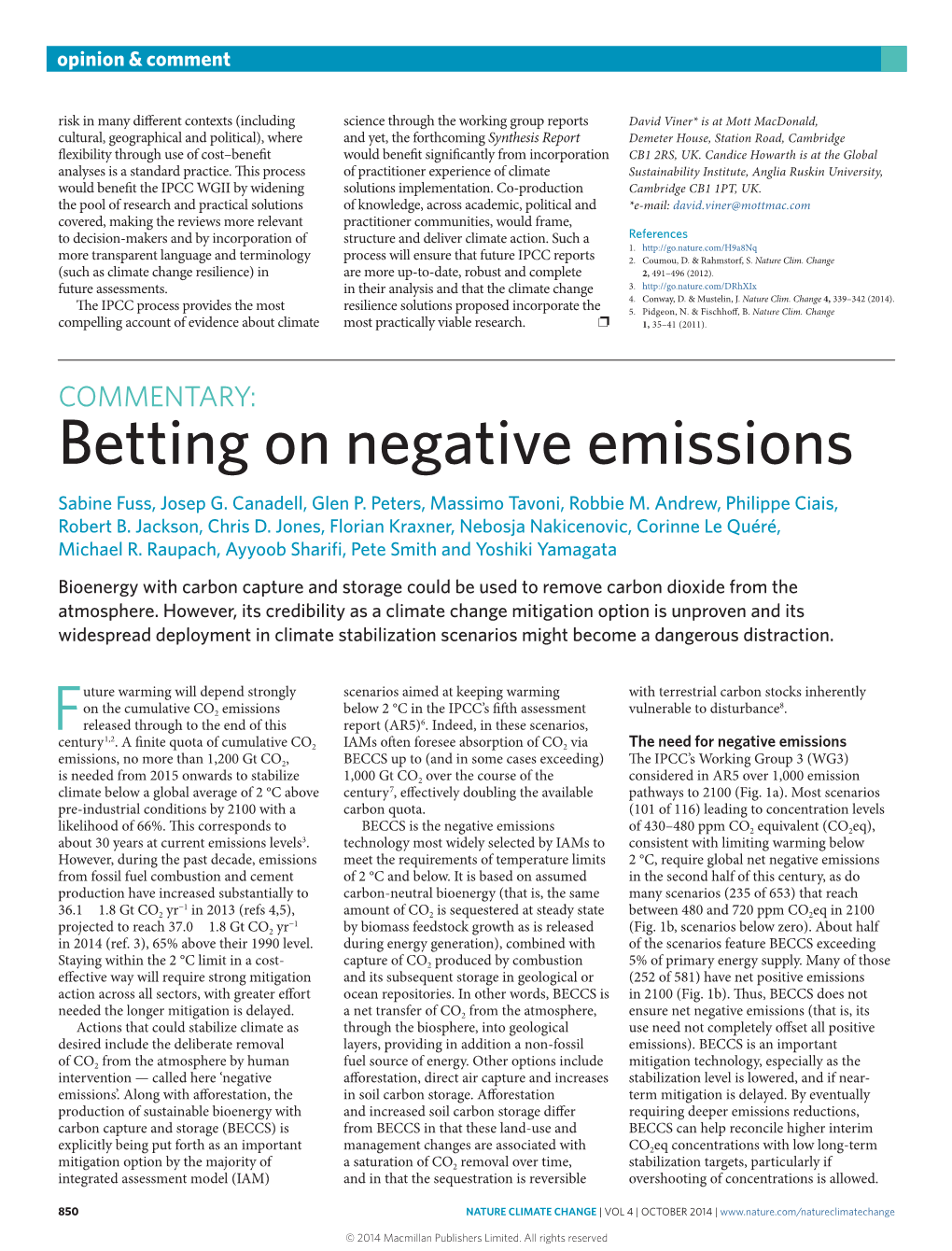 Betting on Negative Emissions Sabine Fuss, Josep G