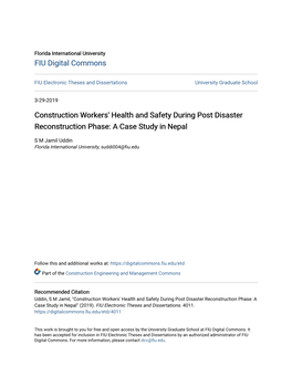 Construction Workers' Health and Safety During Post Disaster Reconstruction Phase: a Case Study in Nepal