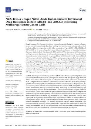 NCX-4040, a Unique Nitric Oxide Donor, Induces Reversal of Drug-Resistance in Both ABCB1- and ABCG2-Expressing Multidrug Human Cancer Cells