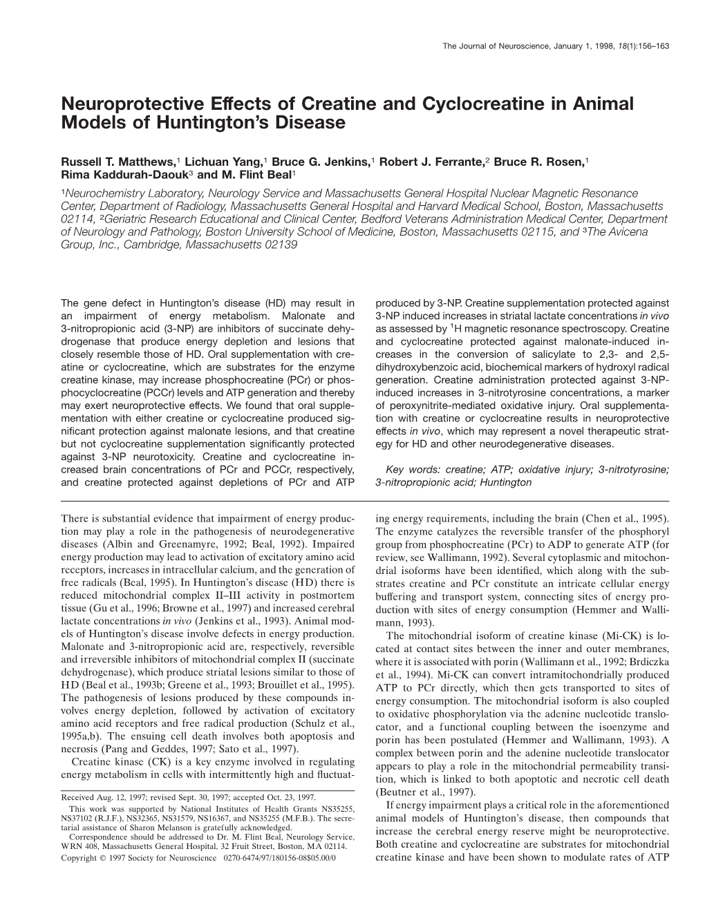 Neuroprotective Effects of Creatine and Cyclocreatine in Animal Models of Huntington’S Disease