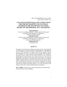 Analysis of Potentials and Attractions for the Development of Cultural Tourism in the South-West Planning Region of the Republic of N