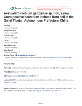 Aestuariimicrobium Ganziense Sp. Nov., a New Gram-Positive Bacterium Isolated from Soil in the Ganzi Tibetan Autonomous Prefecture, China