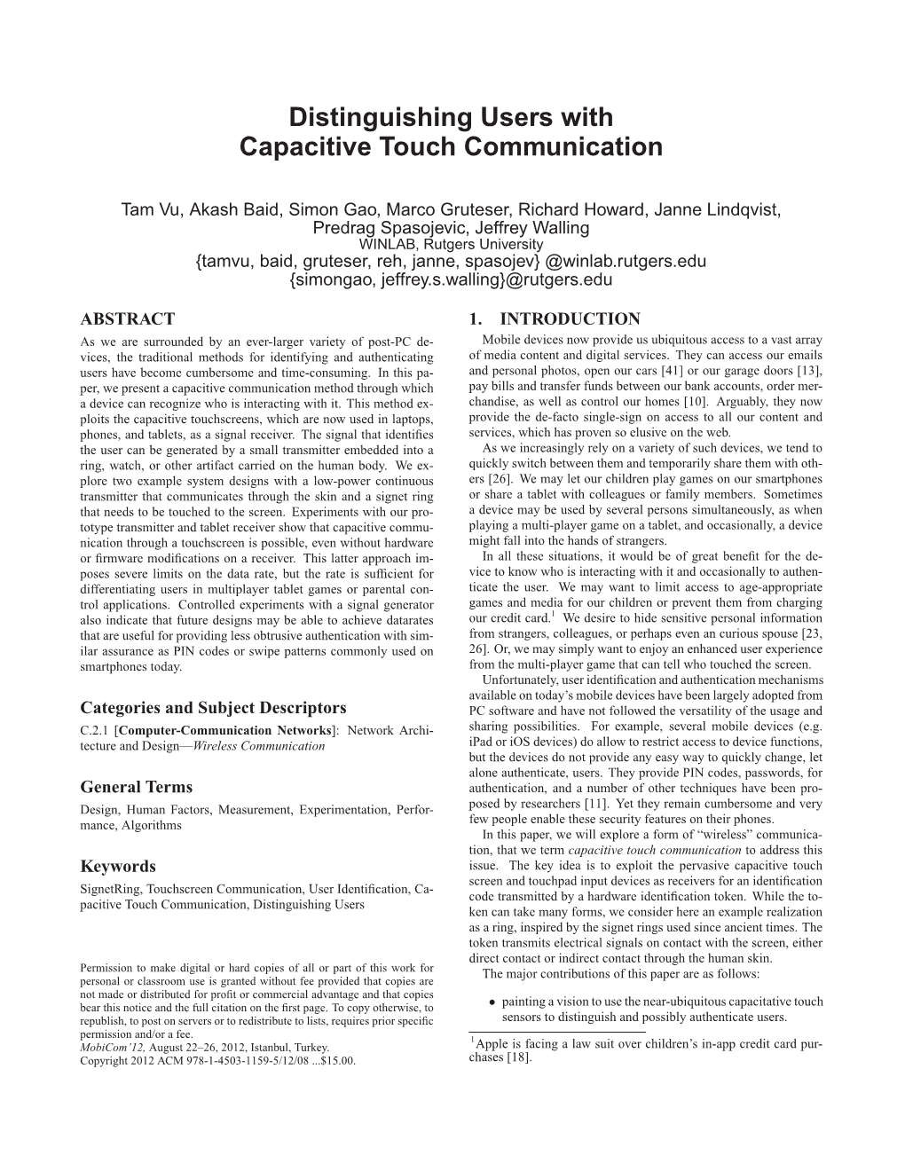 Distinguishing Users with Capacitive Touch Communication