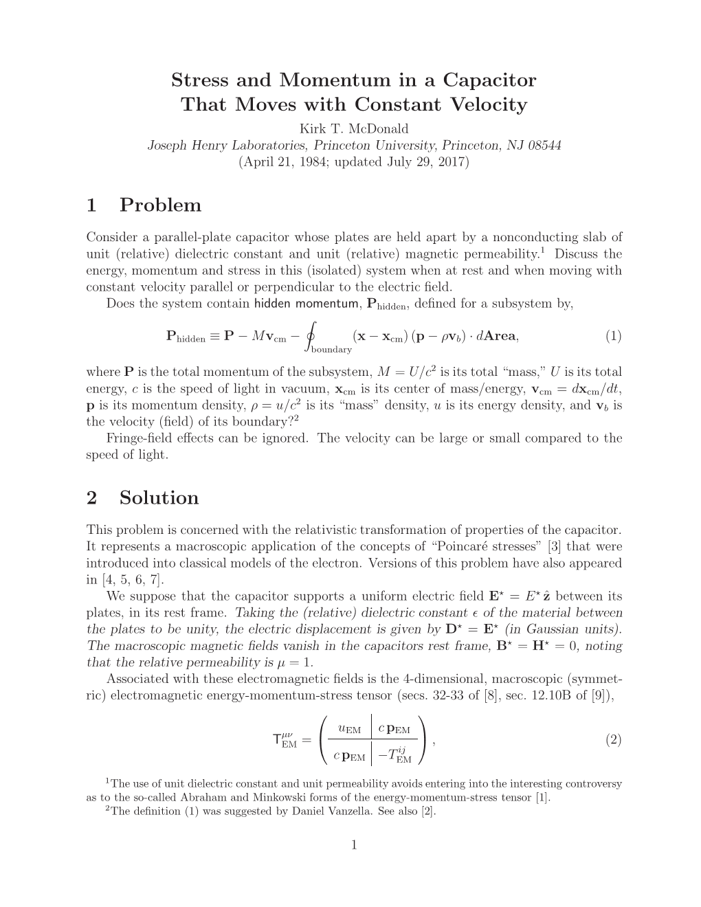 Stress and Momentum in a Capacitor That Moves with Constant Velocity