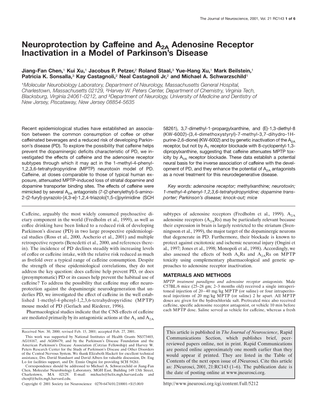 Neuroprotection by Caffeine and A2A Adenosine Receptor Inactivation in a Model of Parkinson’S Disease