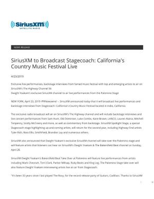Siriusxm to Broadcast Stagecoach: California's Country Music Festival Live