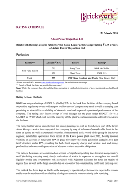 RATING RATIONALE ​21 March 2020 Adani Power Rajasthan Ltd